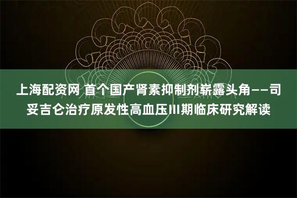 上海配资网 首个国产肾素抑制剂崭露头角——司妥吉仑治疗原发性高血压Ⅲ期临床研究解读